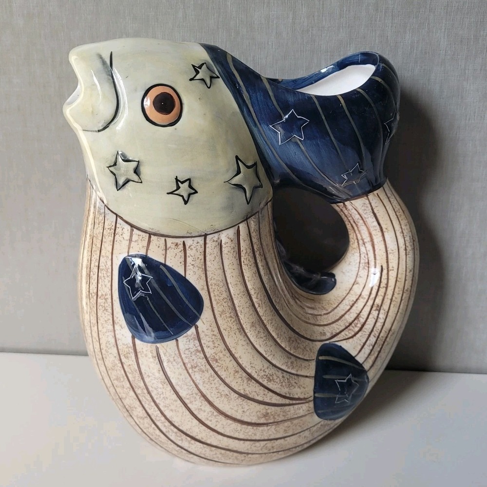 Pure Art Ceramic Fish Pitcher Star Celestial Nautical Vase AToZ Endres ~8.5"